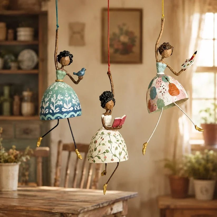 Hand-Painted Dancing Lady Hanging Ornament With Songbird