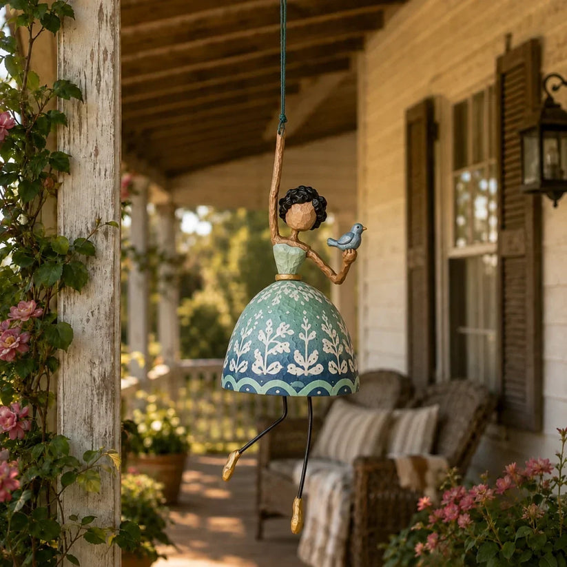 Hand-Painted Dancing Lady Hanging Ornament With Songbird