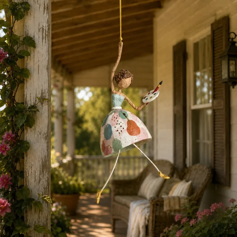 Hand-Painted Dancing Lady Hanging Ornament With Songbird