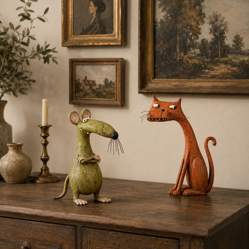 Whimsical Vintage Mouse & Cat Figurine