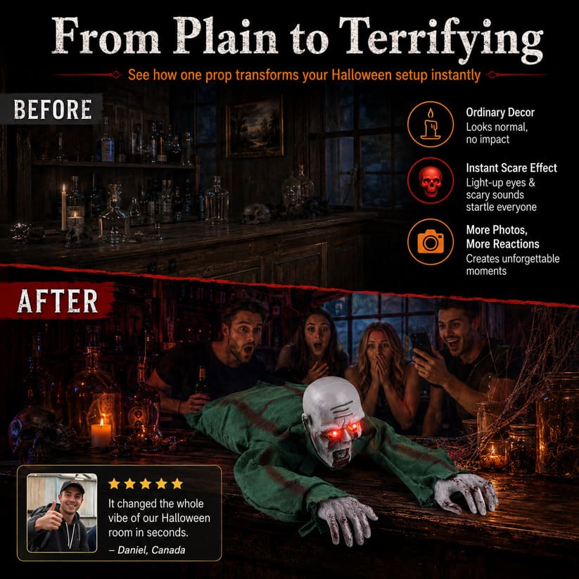 Crawling Halloween Skeleton Prop With Glowing Eyes & Sound