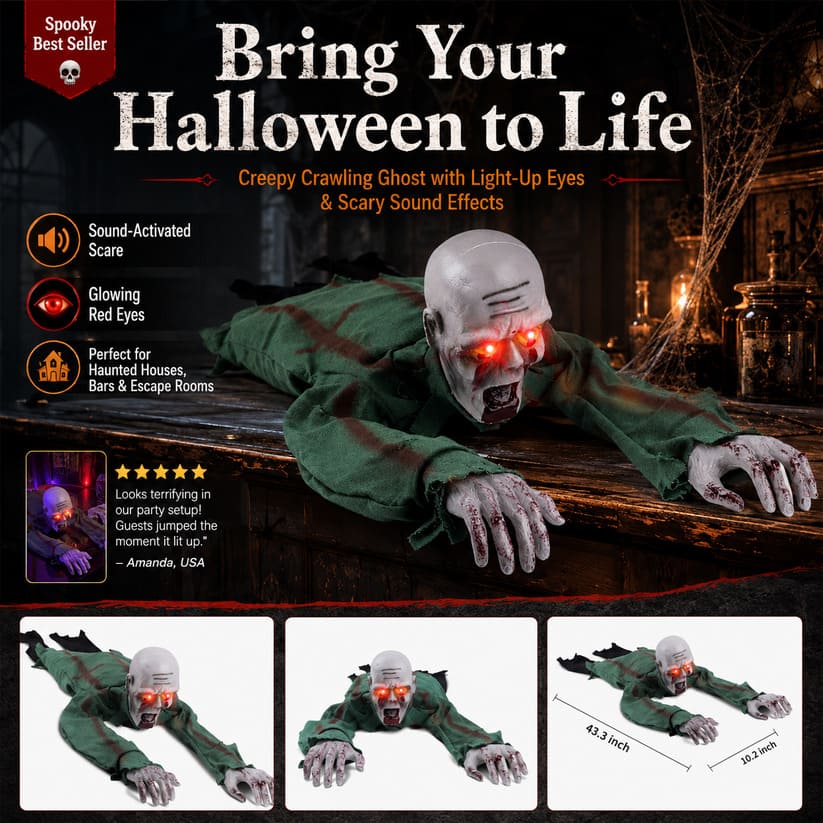Crawling Halloween Skeleton Prop With Glowing Eyes & Sound