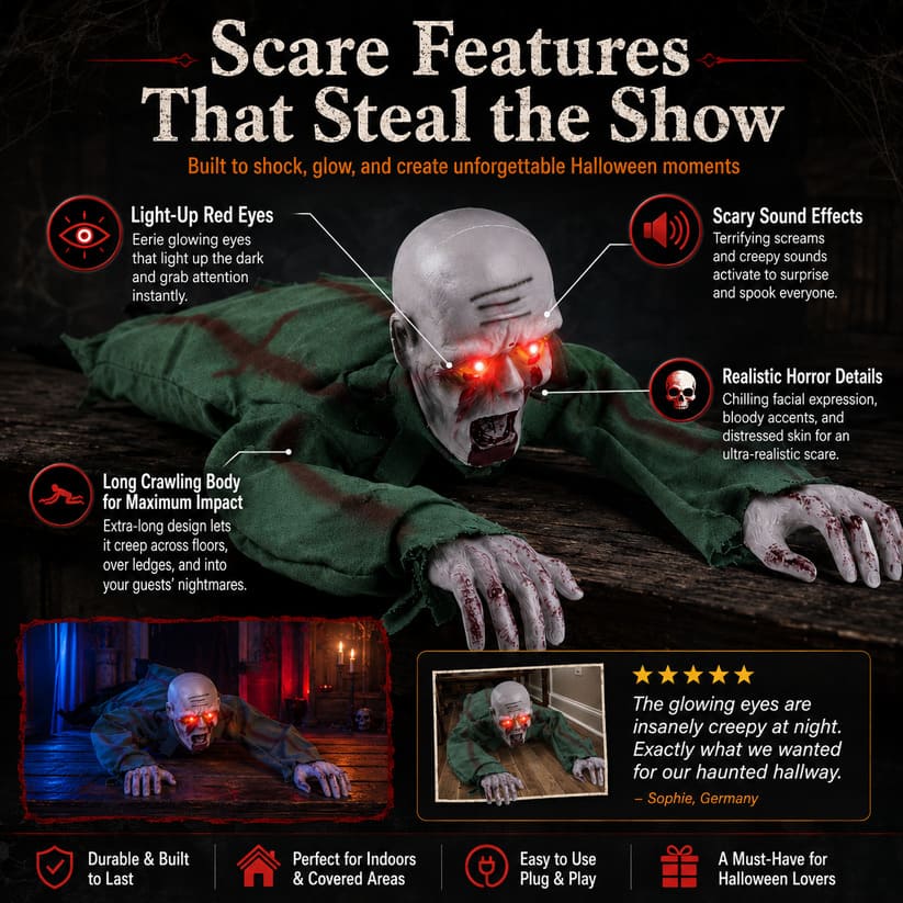 Crawling Halloween Skeleton Prop With Glowing Eyes & Sound