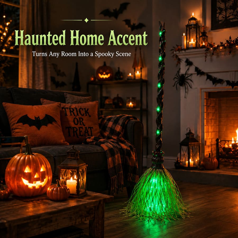 Décoration d'Halloween balai de sorcière animé avec lumières LED