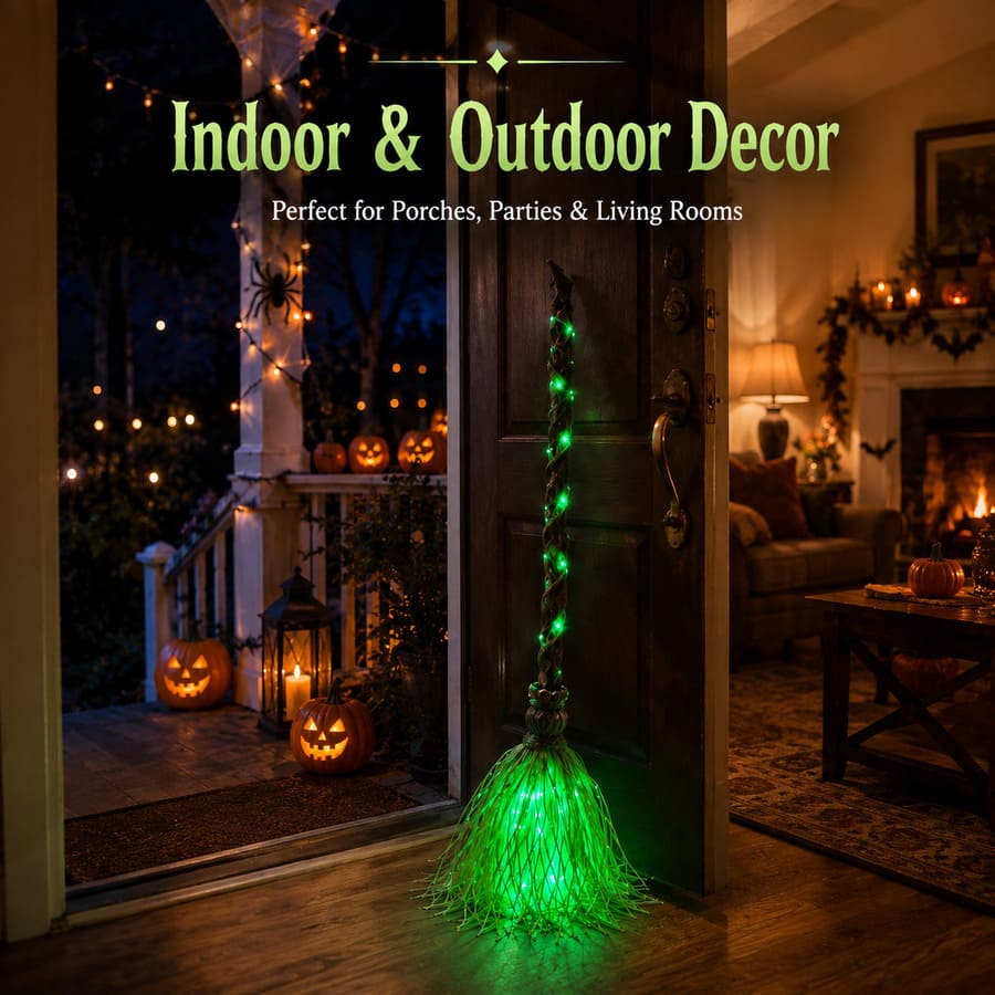 Animated Witch Broom Halloween Decor With LED Lights