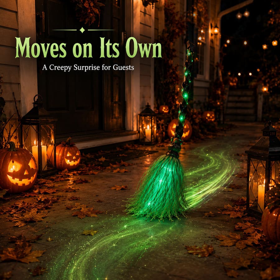 Décoration d'Halloween balai de sorcière animé avec lumières LED