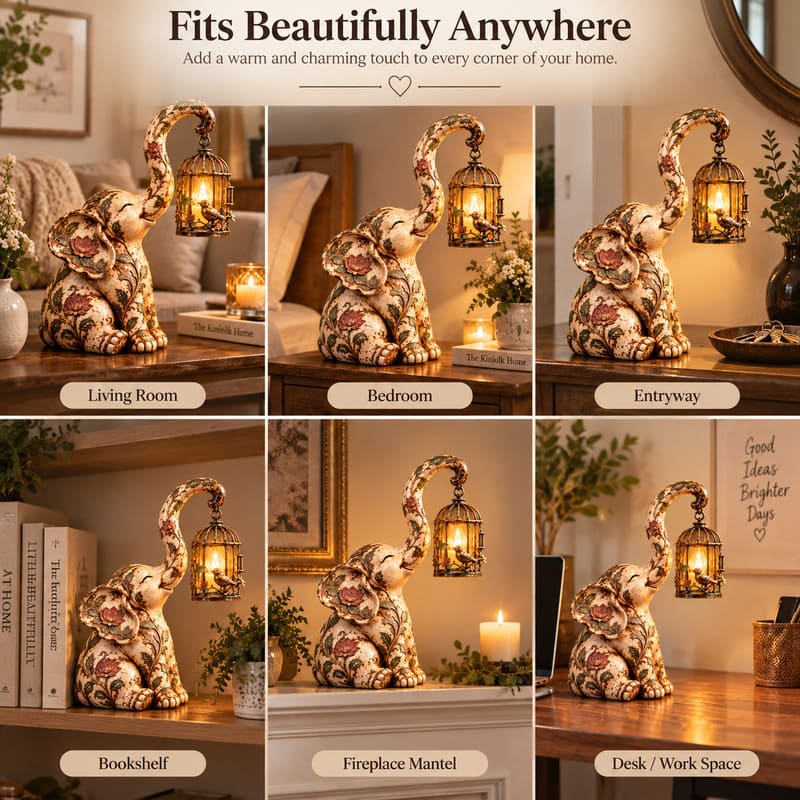 Vintage Elephant Lantern Statue With Warm Light