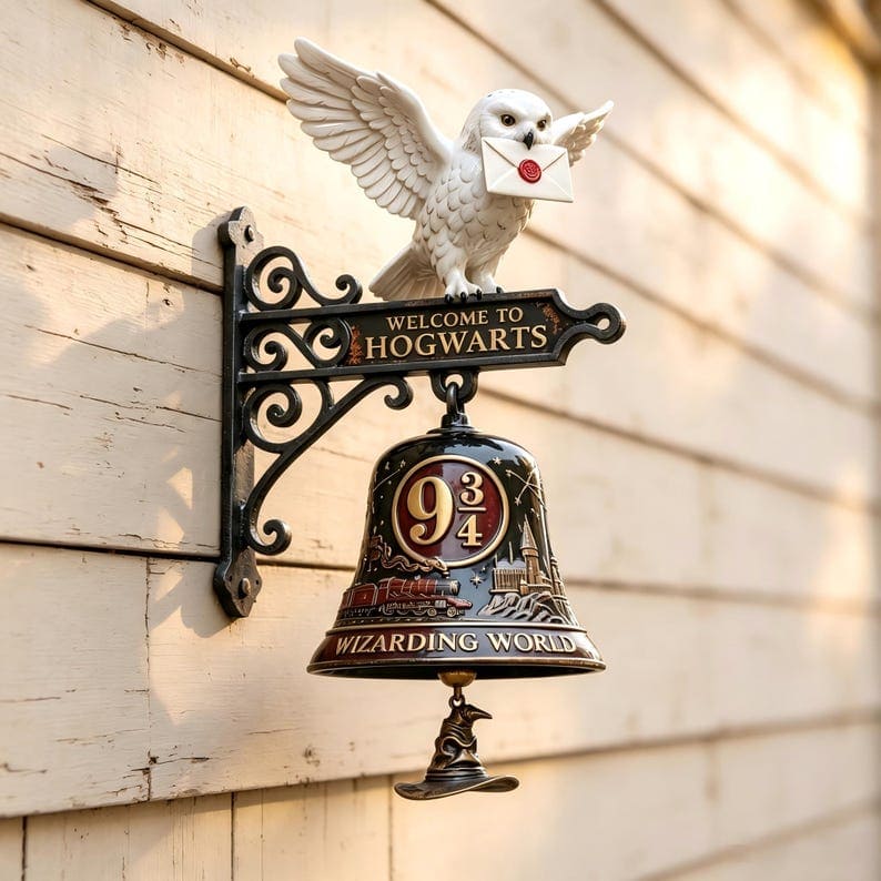 Owl Wall Bell With Vintage Cast Iron Wizarding Decor