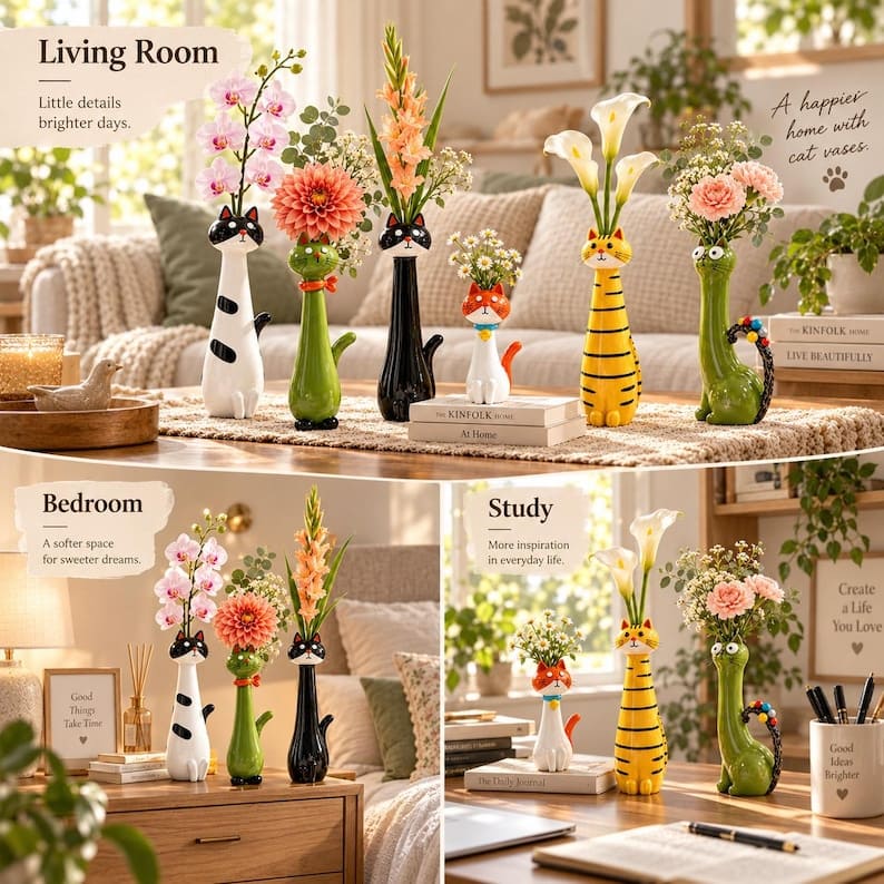 Cute Long Neck Cat Resin Vase For Playful Home Decor