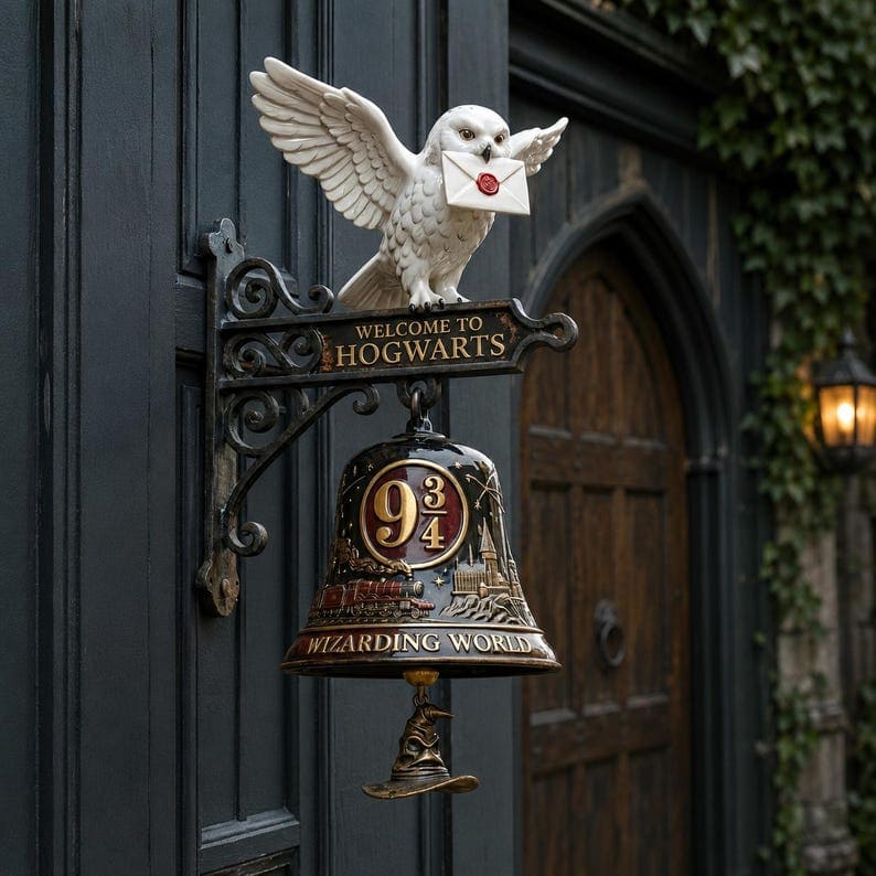 Owl Wall Bell With Vintage Cast Iron Wizarding Decor