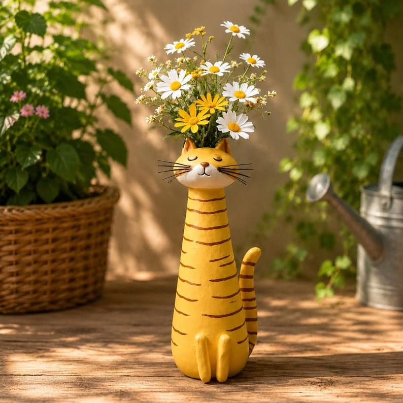 Cute Long Neck Cat Resin Vase For Playful Home Decor