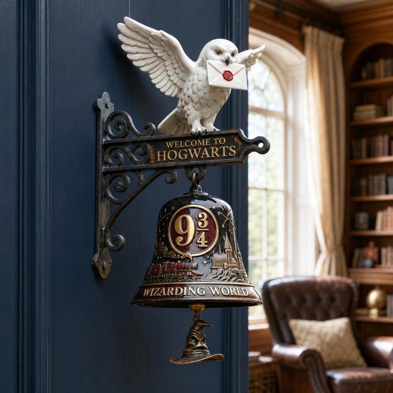 Owl Wall Bell With Vintage Cast Iron Wizarding Decor