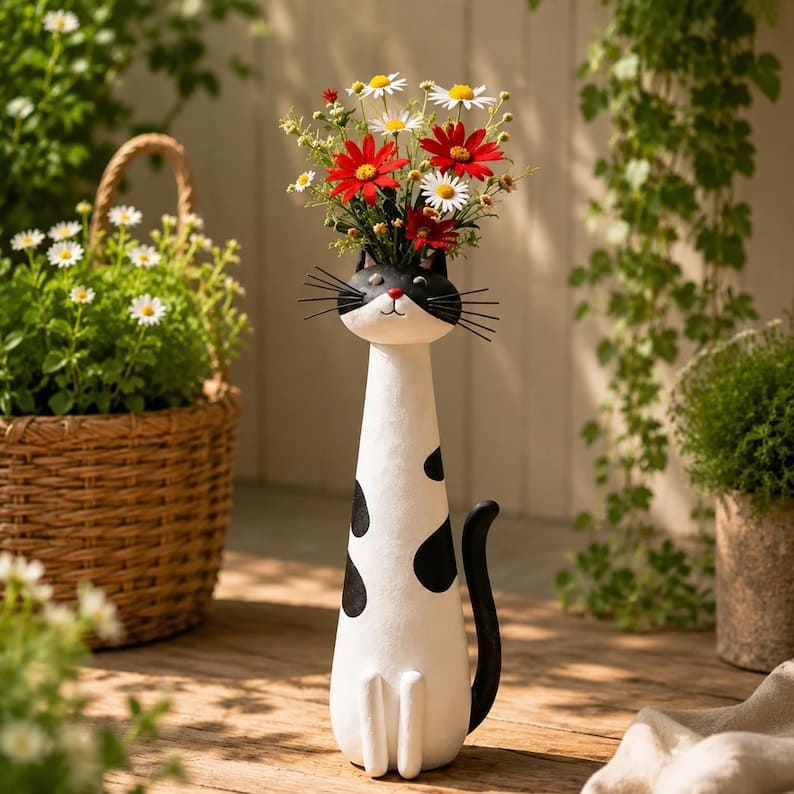Cute Long Neck Cat Resin Vase For Playful Home Decor