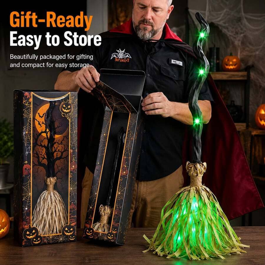 Animated Witch Broom Halloween Decor With LED Lights
