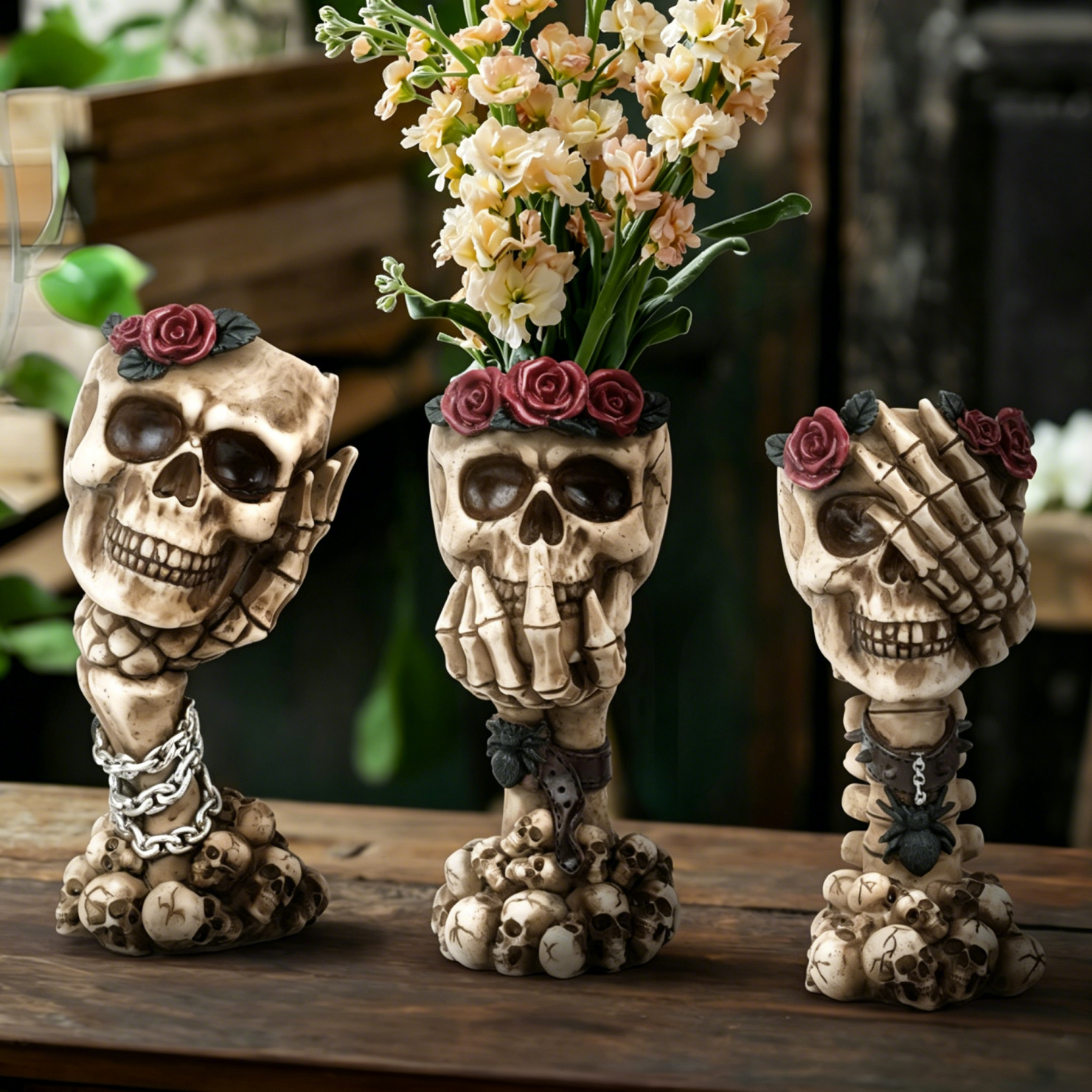 Three Wise Skulls Planter – Gothic Resin Succulent Pot & Halloween Decor