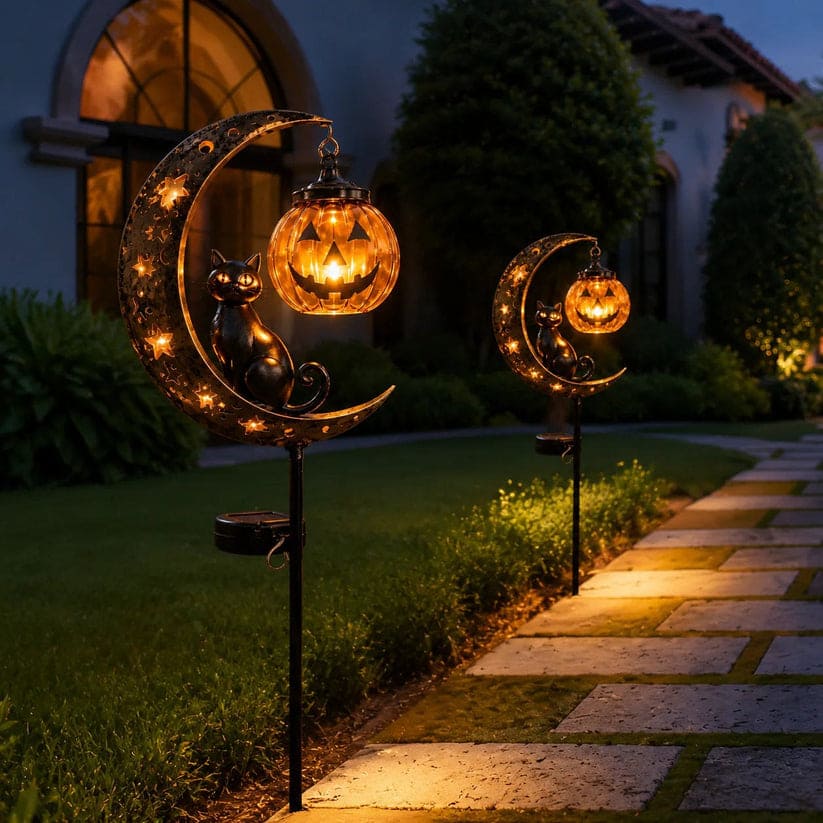 Piquet solaire lumineux Chat Noir Citrouille pour Halloween