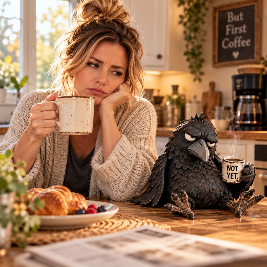 Grumpy Coffee Raven Figurine With Funny Morning Attitude