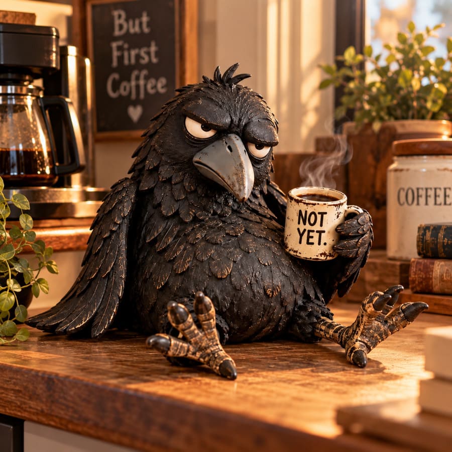 Grumpy Coffee Raven Figurine With Funny Morning Attitude