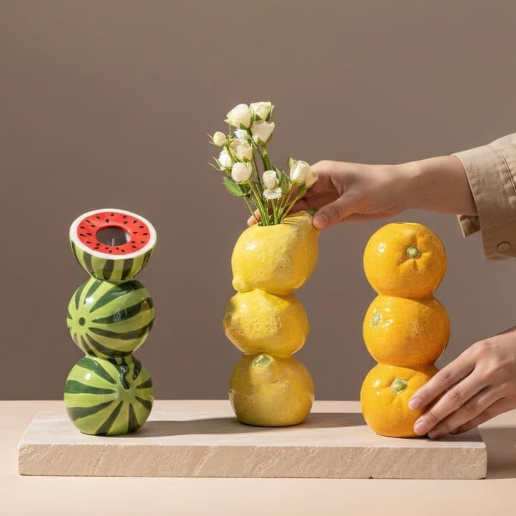 Fruit Stack Ceramic Vase – Playful Orange, Lemon, Watermelon & Strawberry Home Decor