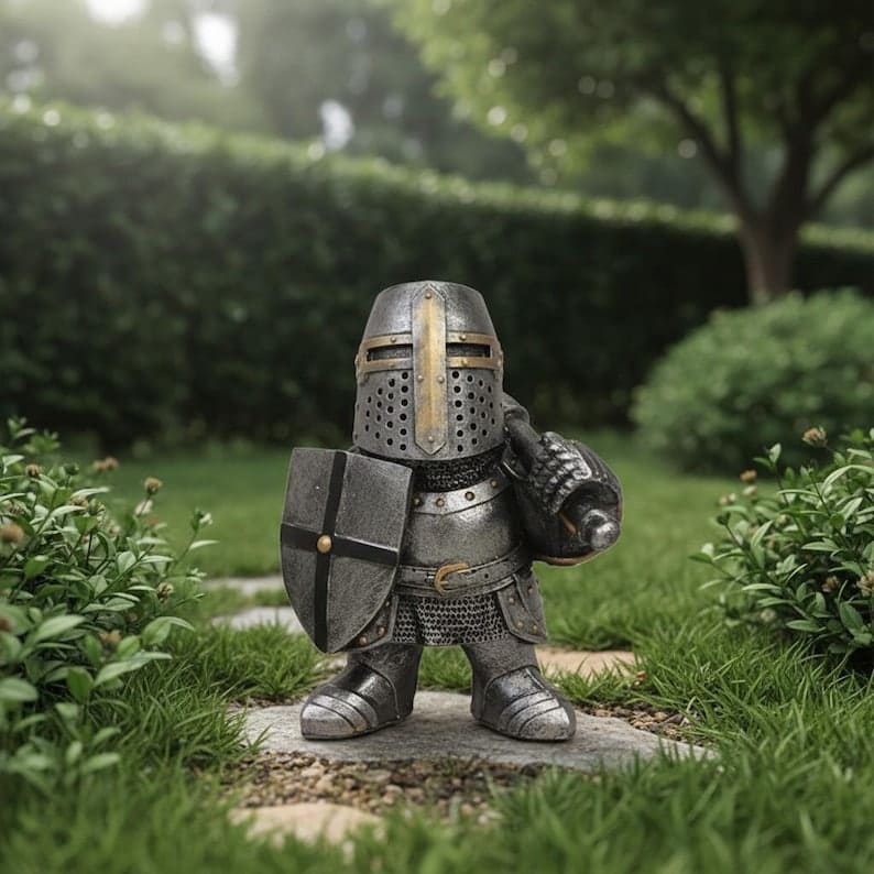 Knight Garden Gnome Statue – Medieval Fantasy Outdoor Yard Decor