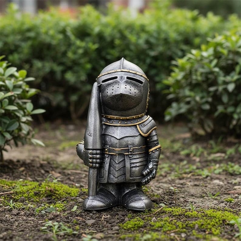 Knight Garden Gnome Statue – Medieval Fantasy Outdoor Yard Decor