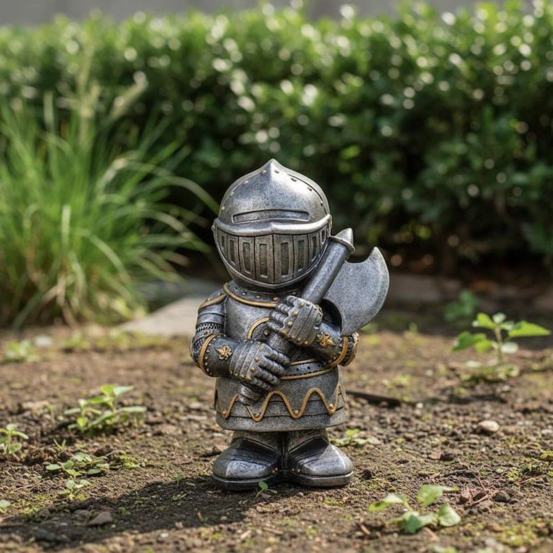 Knight Garden Gnome Statue – Medieval Fantasy Outdoor Yard Decor