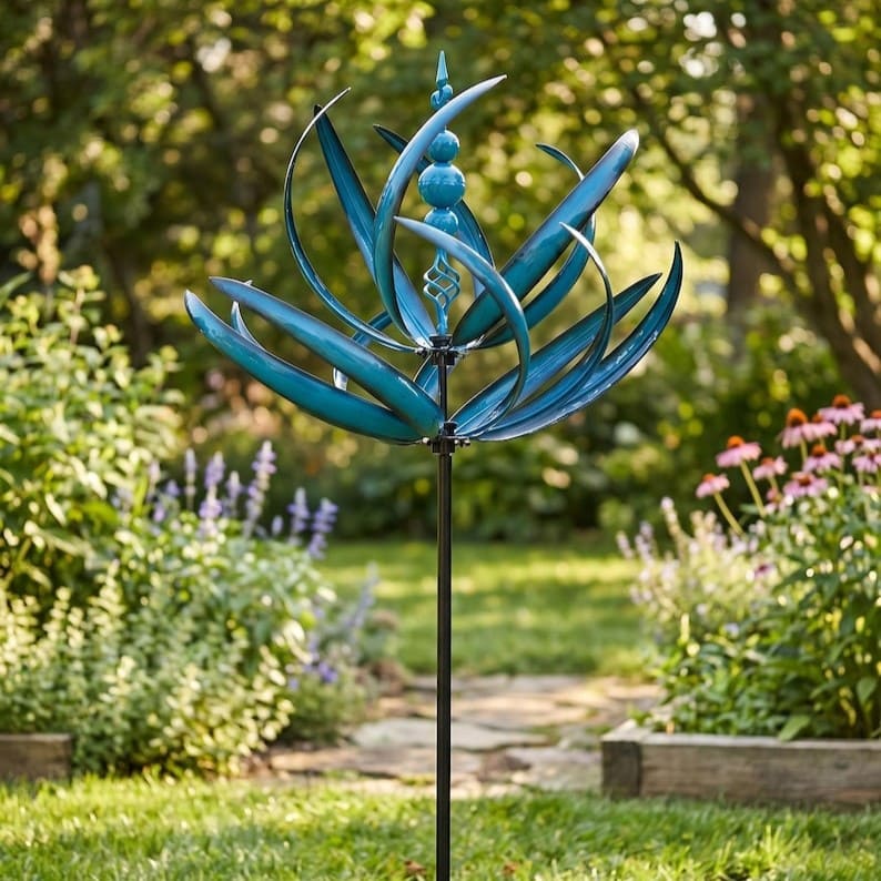 Lotus Metal Wind Spinner Garden Stake