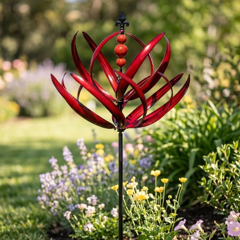 Lotus Metal Wind Spinner Garden Stake