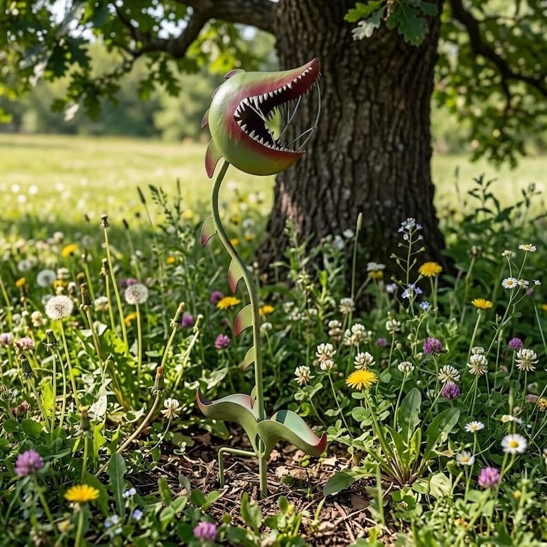Painted Metal Carnivorous Plant Garden Stake – Whimsical Outdoor Yard Decor