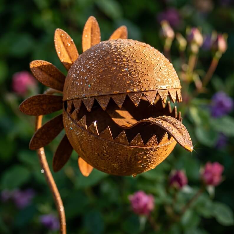 Rusty Metal Venus Flytrap Garden Stake – Whimsical Carnivorous Plant Yard Art