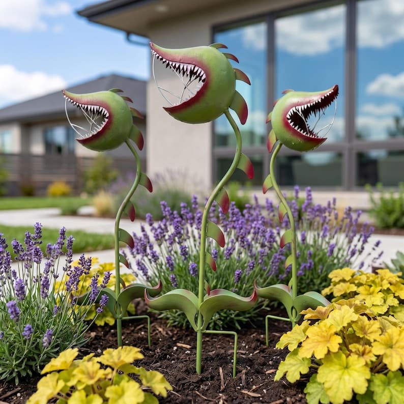 Painted Metal Carnivorous Plant Garden Stake – Whimsical Outdoor Yard Decor