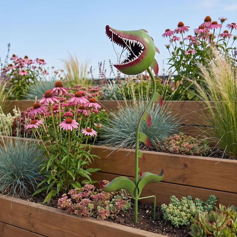 Painted Metal Carnivorous Plant Garden Stake – Whimsical Outdoor Yard Decor