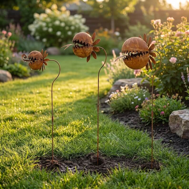 Rusty Metal Venus Flytrap Garden Stake – Whimsical Carnivorous Plant Yard Art