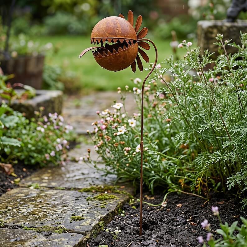 Rusty Metal Venus Flytrap Garden Stake – Whimsical Carnivorous Plant Yard Art