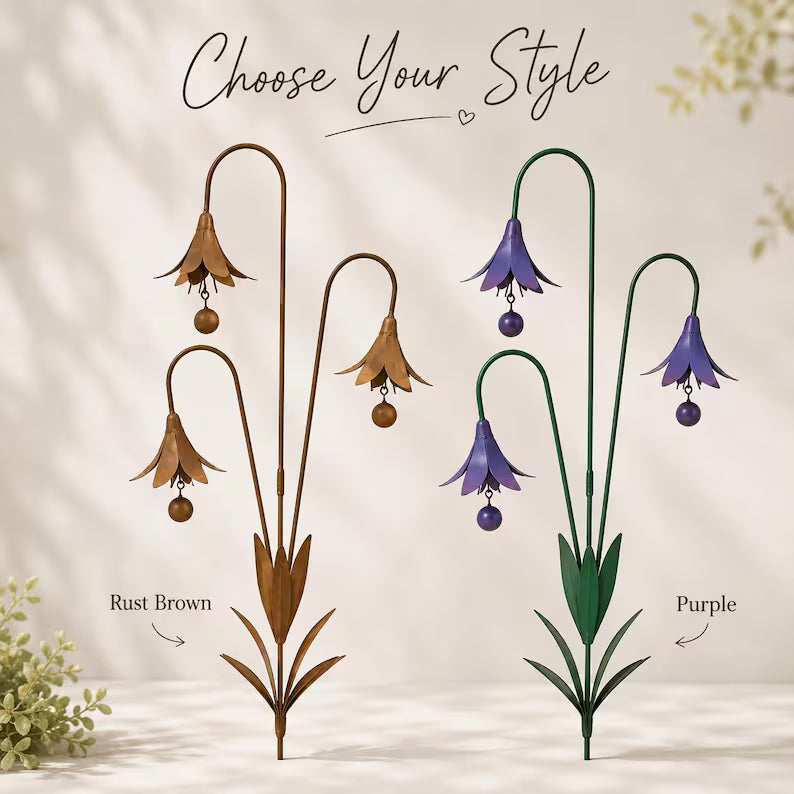 Triple Bluebell Wind Bell Garden Stake – Rustic Metal Flower Yard Art & Outdoor Chime Decor