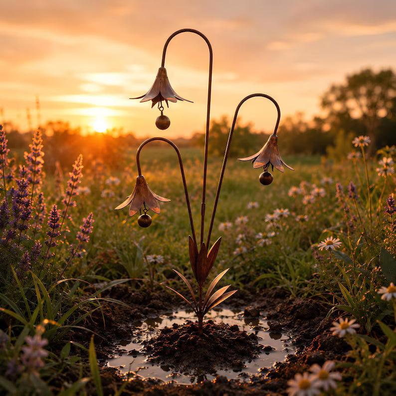 Triple Bluebell Wind Bell Garden Stake – Rustic Metal Flower Yard Art & Outdoor Chime Decor