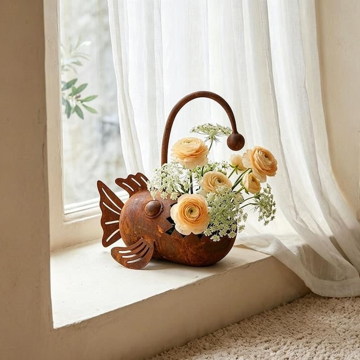 Rustic Metal Angler Fish Planter – Whimsical Coastal Garden Flower Pot