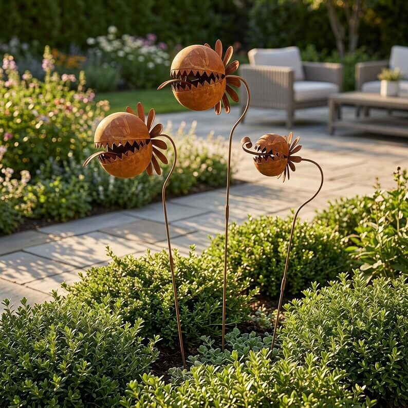 Rusty Metal Venus Flytrap Garden Stake – Whimsical Carnivorous Plant Yard Art