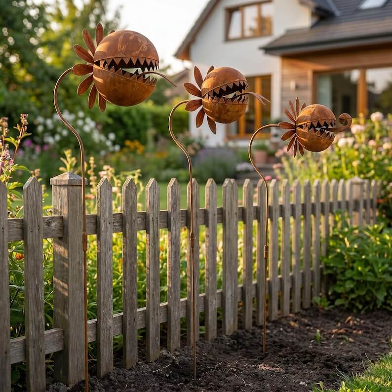 Rusty Metal Venus Flytrap Garden Stake – Whimsical Carnivorous Plant Yard Art