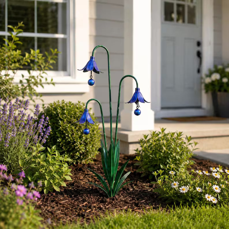 Triple Bluebell Wind Bell Garden Stake – Rustic Metal Flower Yard Art & Outdoor Chime Decor