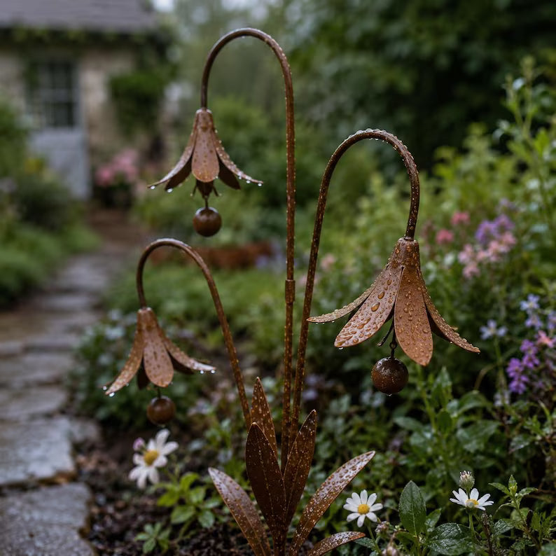 Triple Bluebell Wind Bell Garden Stake – Rustic Metal Flower Yard Art & Outdoor Chime Decor