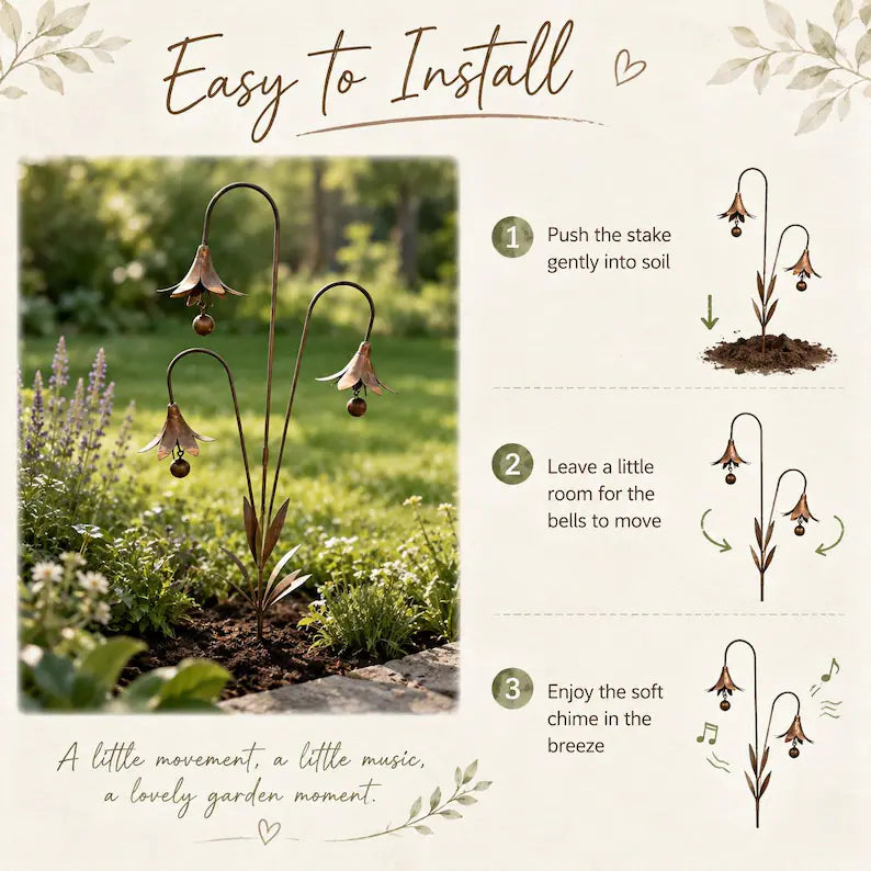Triple Bluebell Wind Bell Garden Stake – Rustic Metal Flower Yard Art & Outdoor Chime Decor