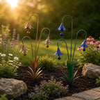 Triple Bluebell Wind Bell Garden Stake – Rustic Metal Flower Yard Art & Outdoor Chime Decor
