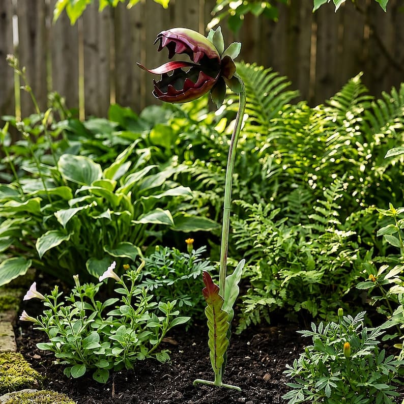 Whimsical Metal Venus Flytrap Garden Stake – Single Head Fantasy Outdoor Plant Decor