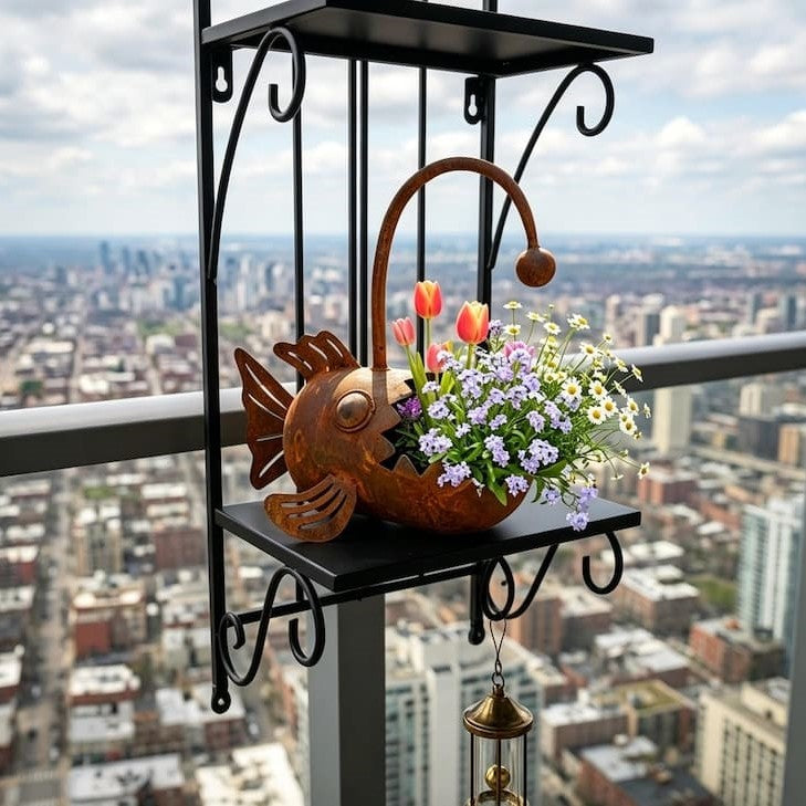 Rustic Metal Angler Fish Planter – Whimsical Coastal Garden Flower Pot