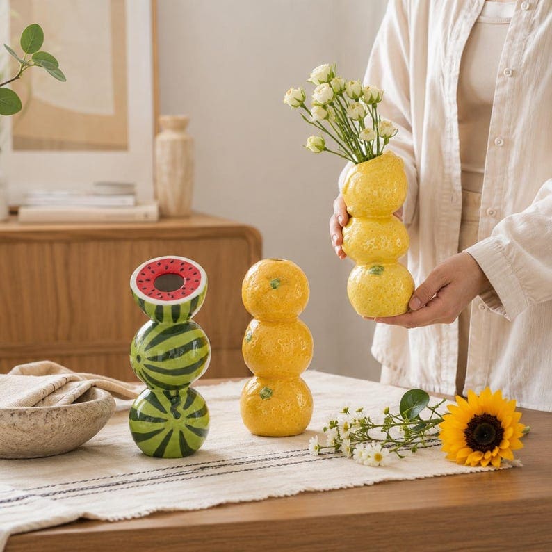 Fruit Stack Ceramic Vase – Playful Orange, Lemon, Watermelon & Strawberry Home Decor