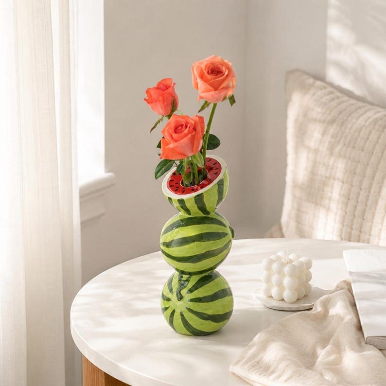 Fruit Stack Ceramic Vase – Playful Orange, Lemon, Watermelon & Strawberry Home Decor