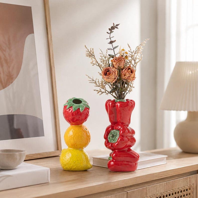 Fruit Stack Ceramic Vase – Playful Orange, Lemon, Watermelon & Strawberry Home Decor