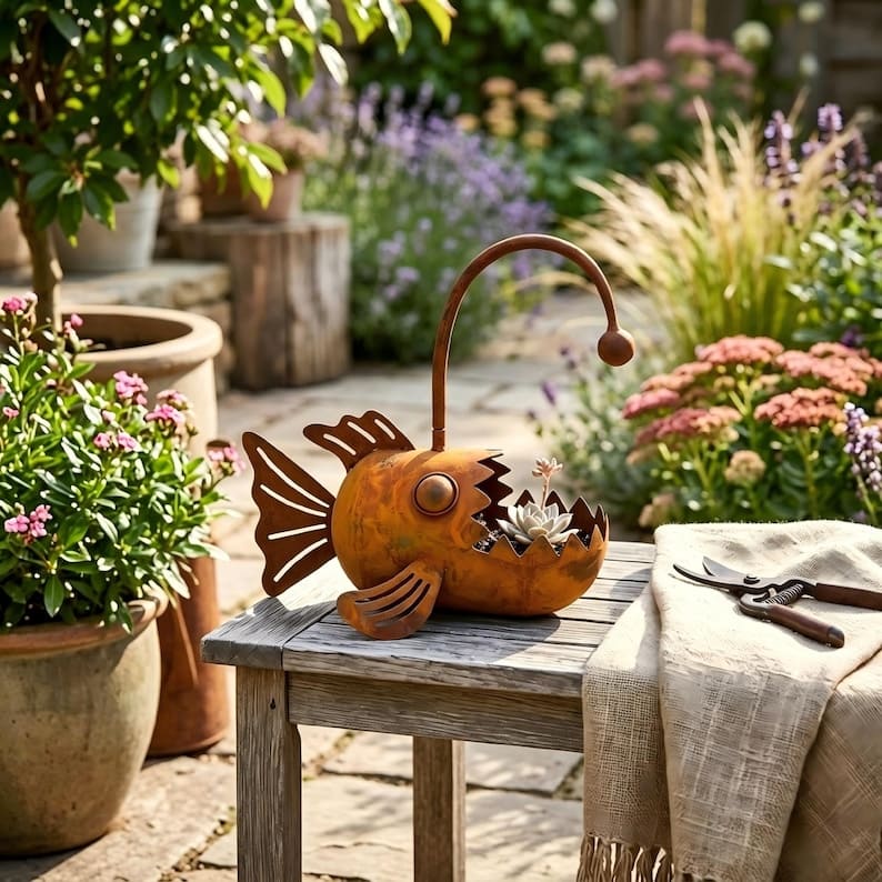 Rustic Metal Angler Fish Planter – Whimsical Coastal Garden Flower Pot