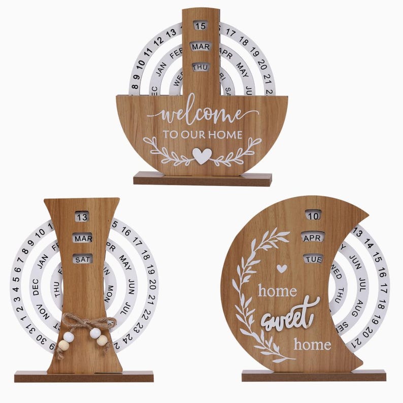 Calendrier Perpétuel en Bois Rotatif pour la Décoration de Bureau et de Maison